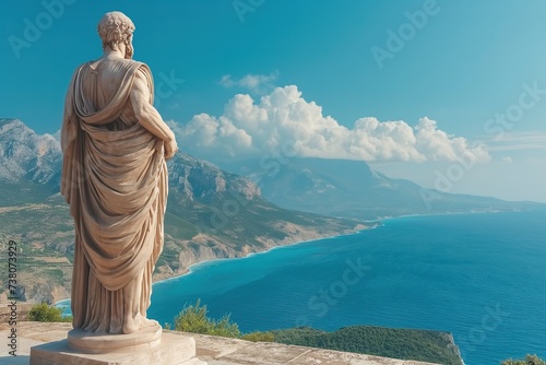 A statue of a person stands atop a cliff, gazing out over the vast expanse of the ocean.