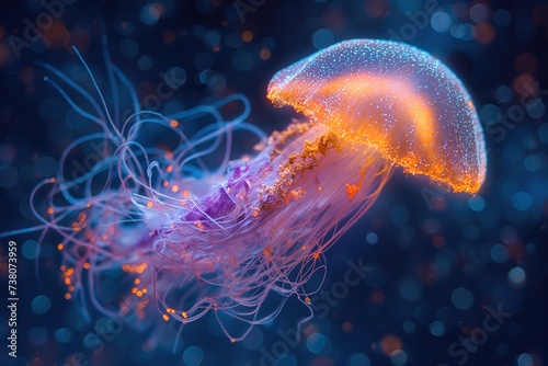 A jellyfish floats in the water with a blurry background. © Joaquin Corbalan