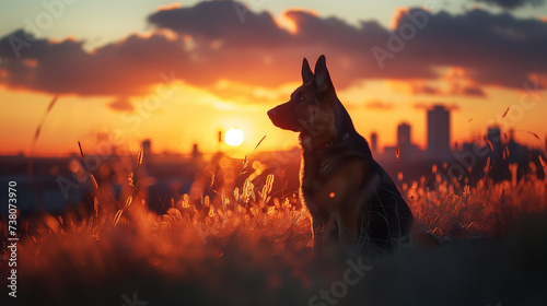 A contemplative German Shepherd dog gazes at a breathtaking city skyline sunset from a grassy field.