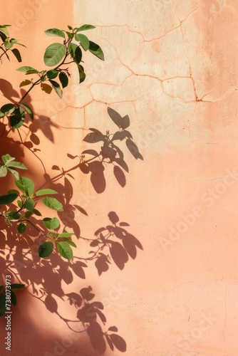 peach-colored concrete wall with shadow from plants. Copy space. Vertical background. 