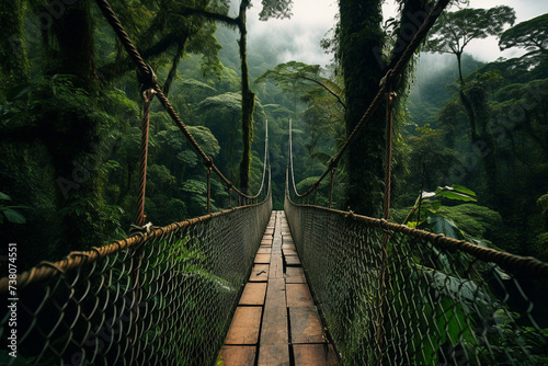 A long suspension bridge made of wooden planks extending through a dense forest made with generative AI