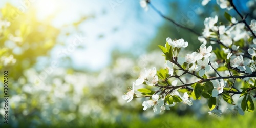 Spring flower background banner panorama - Closeup of white apple blooming blossom flowers on tree in springtime, with soft bokeh photo