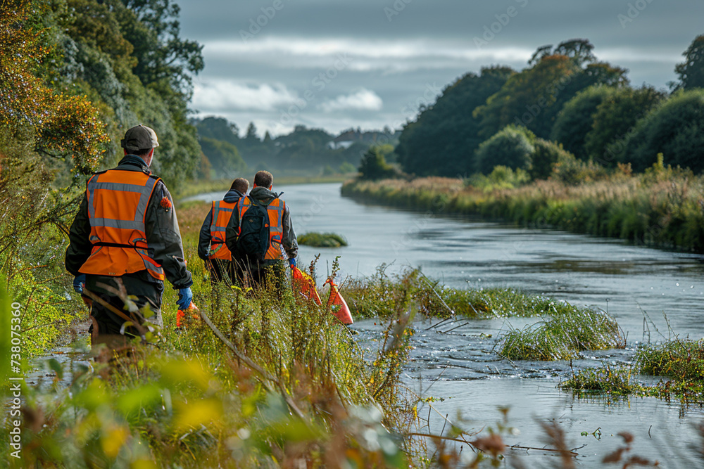 Volunteer Group Participating in Community Clean-Up. A dedicated team of volunteers gathers to remove litter and clean up a local park to protect the environment.