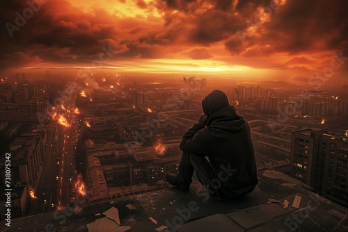 A person sitting on the roof of a building, looking at the city descending into chaos