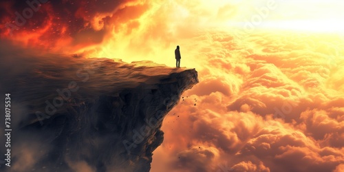 A person standing on the edge of a cliff, watching the world crumble beneath them