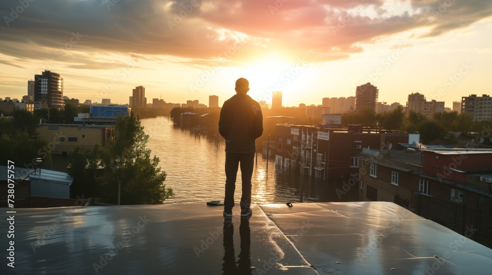 A person standing on the roof of a building, looking at the city descending into water