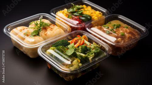 Asian Thai food lunch boxes in plastic packages container dark background