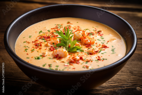Creamy soup with shrimps and herbs on wooden table