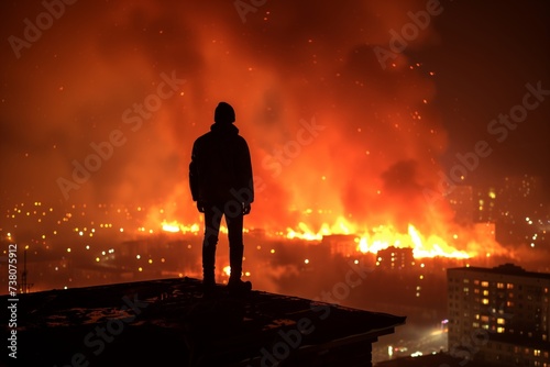 A person standing on the roof of a building, looking at the city descending into flames