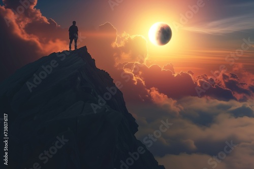 A person standing on top of a mountain  looking at a solar eclipse