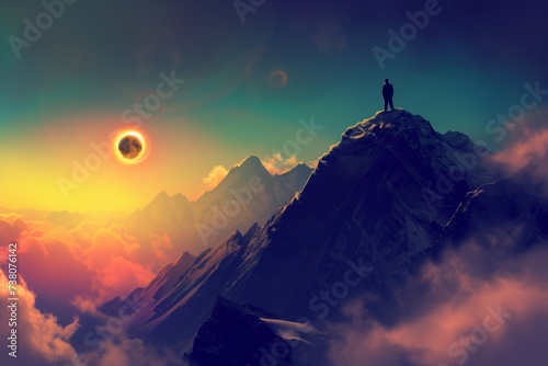 A person standing on top of a mountain, looking at a solar eclipse