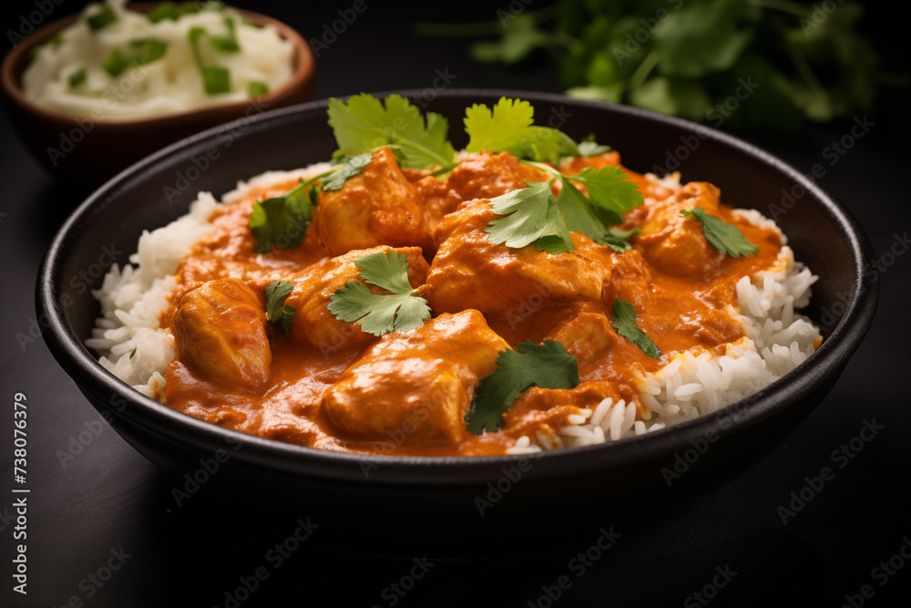 Chicken tikka masala with basmati rice on black background Chicken tikka masala with basmati rice on black background