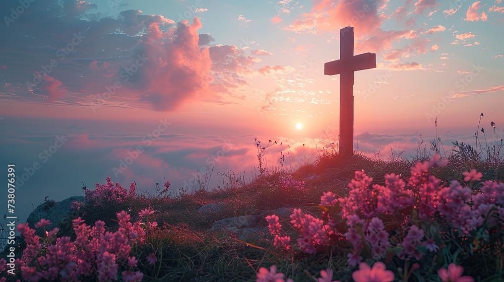 christian cross on the hill at sunrise - obrazy, fototapety, plakaty 