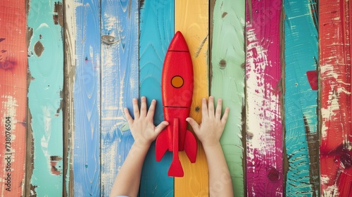 Launch of a red rocket on colorful wooden background, made of wood, held by children's hands. Successful start concept