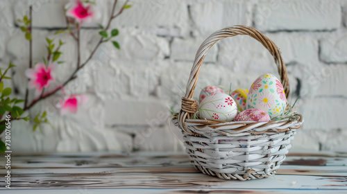 Easter basket with hand painted eggs -  flowers and rustic background - copy space