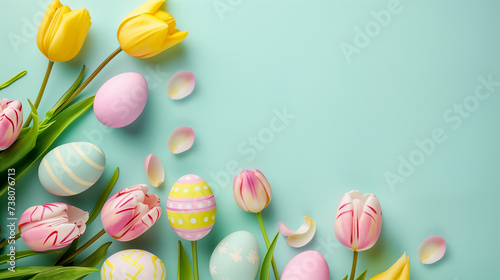 Easter concept with tulips and hand painted eggs - ligh blue background - copy space - top view #738076713