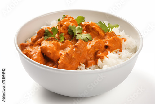 Chicken tikka masala with rice in bowl on white background photo