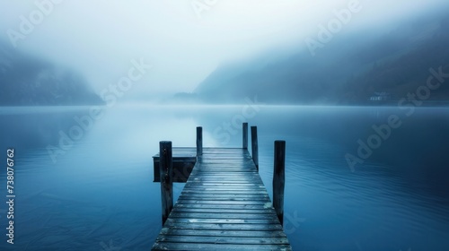 A quiet lake with a wooden pier disappears into mist. photo