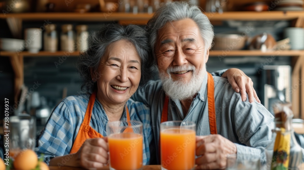 Happy elderly Asian couple drinking fresh fruit juice in modern kitchen