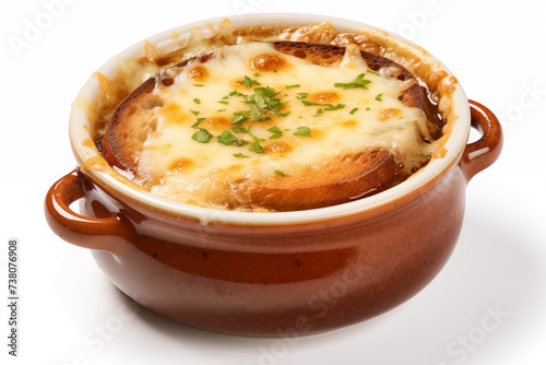 Classic French onion soup isolate on white background. Baked cheese in a pot photo