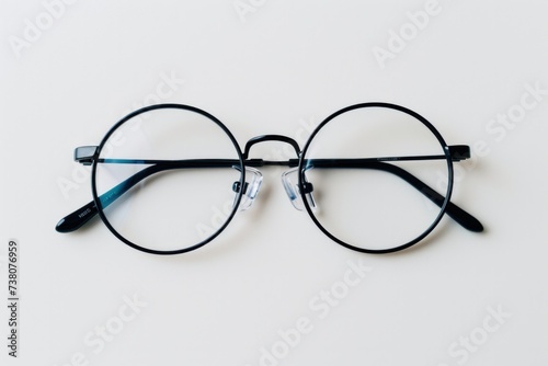 Street style oval prescription glasses with thin black metal frame, clear lens, isolated on white background, photo