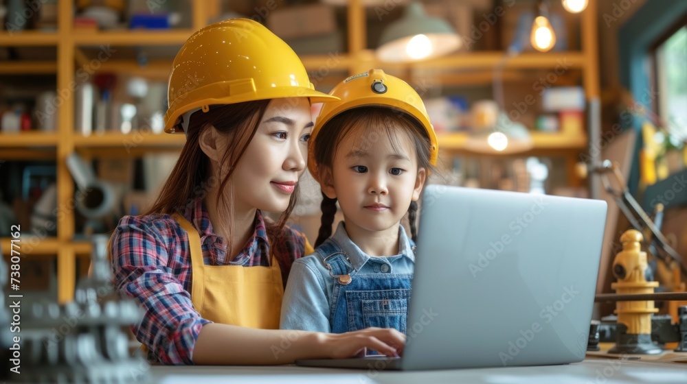 Little young female engineer in yellow hat using lab Top and her mother Little young female engineer in yellow hat using lab Top and her mother