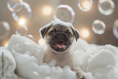 Smiling puppy little pug dog after bath soap bubble foam wrapped in white towel photo