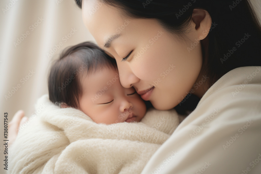 AI generated photo of happy loving mum caring of her sleeping newborn baby at home indoors AI generated photo of happy loving mum caring of her sleeping newborn baby at home indoors