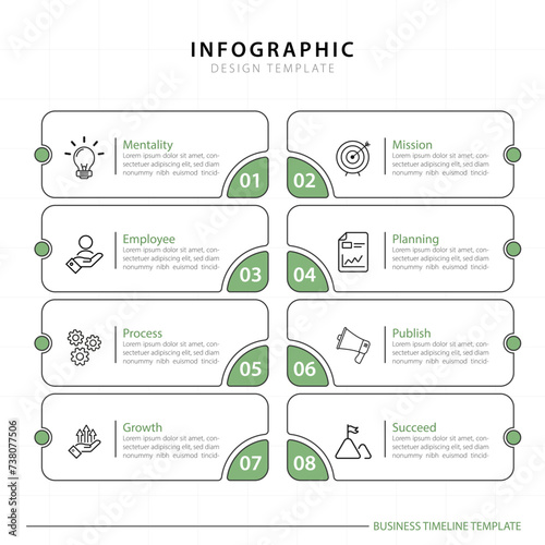 Timeline Creator infographic template. 8 Step timeline journey, calendar Flat simple infographics design template. presentation graph. Business concept with 8 options, gantt vector illustration.