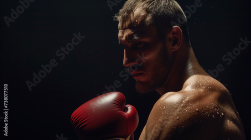 Intense Male Boxer with Red Gloves Focused in a Moody Gym Setting © Anna