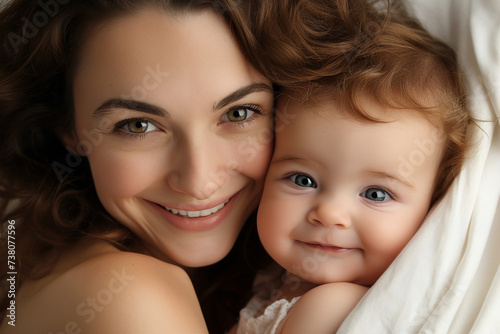 AI generated photo of happy loving mum caring of her child and spending time together