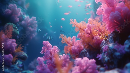 Close Up Colorful Coral Reef, beautiful sea coral, sunlight, fish