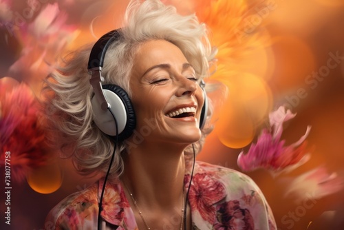 Senior Woman With White Hair Wearing Headphones Generative AI