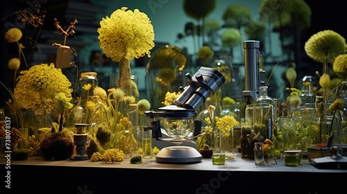 Microscopes with laboratory glassware for scientific research are filled with flying flowers and flower pollen. Microscope in laboratory