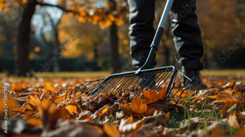 Person rake leaves in autumn 