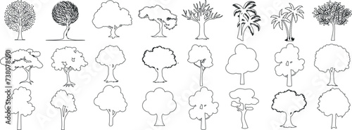 Hand drawn, diverse tree sketches collection. Perfect for nature, environment, educational content, design elements. Includes oak, pine, palm, willow, maple, birch, cedar, spruce, fir, elm, sycamore, 