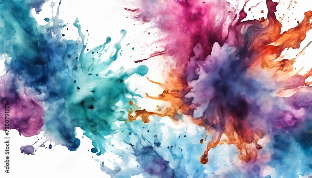 Colorful paint stains. Watercolor stains on a white. Rainbow design of multi-colored blots on white. Background with top view of abstract color ink blots. AI generated