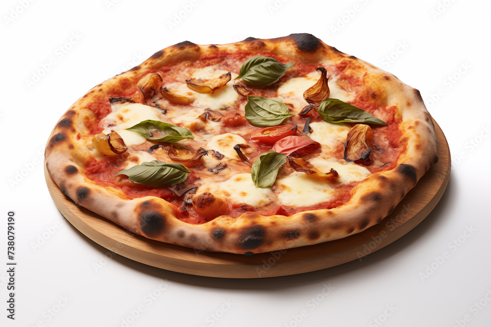 Wood-fired pizza with mozzarella, mushrooms and basil on white background