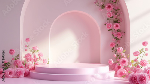 Podium background flower rose product pink 3d spring table beauty stand display nature white. Garden rose floral summer background podium cosmetic valentine easter field scene gift purple day romantic