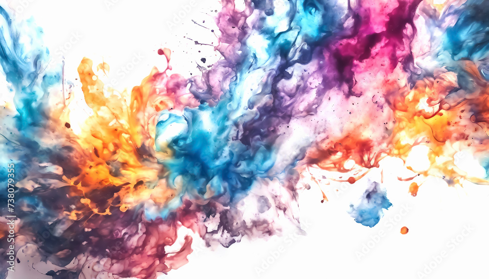 Colorful paint stains. Watercolor stains on a white background. Rainbow design of multi-colored blots on white. Background with top view of abstract colored ink blots. Hand drawn. AI generated