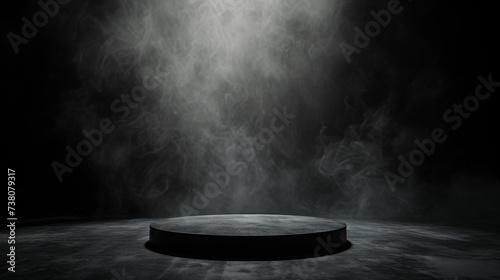 Podium black dark smoke background product platform abstract stage texture fog spotlight. Dark black floor podium dramatic empty night room table concrete wall scene place display studio smoky dust 