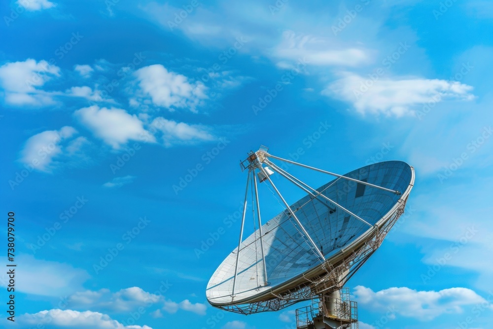 white radio telescope Big satellite dish on blue sky background