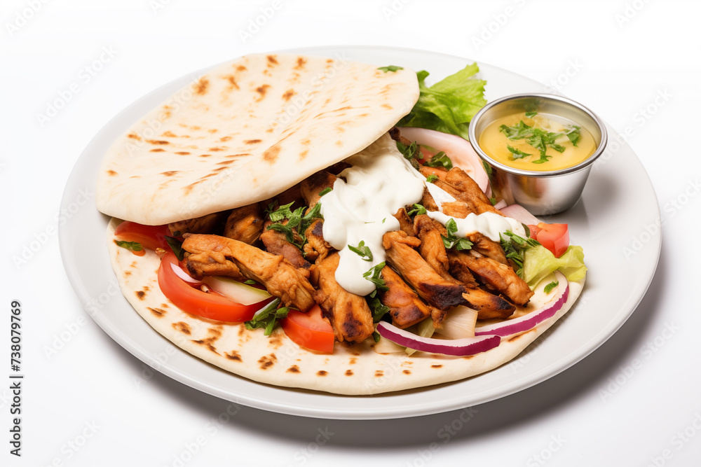 Tortilla with chicken meat and vegetables on a white background. Tortilla with chicken meat and vegetables on a white background.