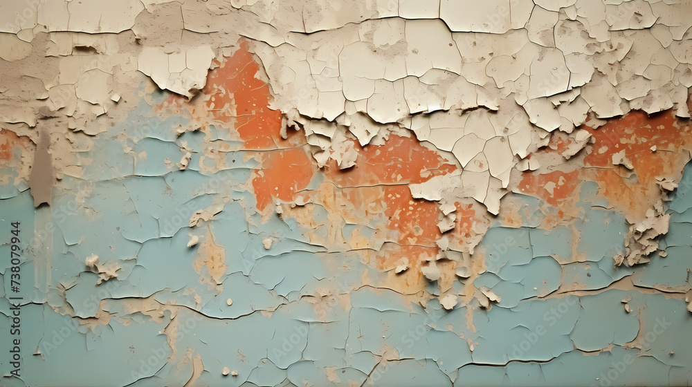Cracks in cement wall, detailed close-up of cracked broken wall with peeling paint