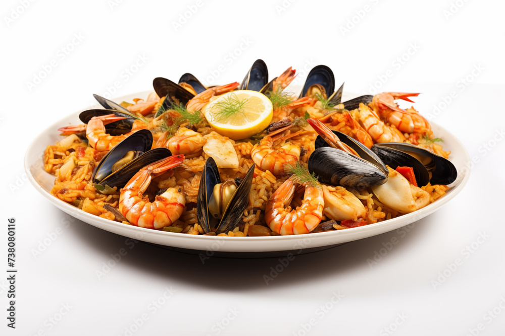 Seafood paella on a plate isolated on a white background Seafood paella on a plate isolated on a white background