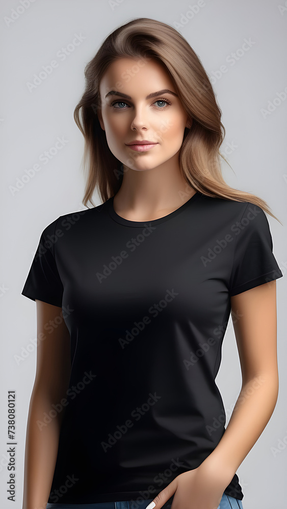 Obraz premium A girl in a black T-shirt on a light background.