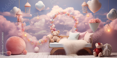 Pink Teddy Bears Enjoying a Peaceful Moment with Balloons 