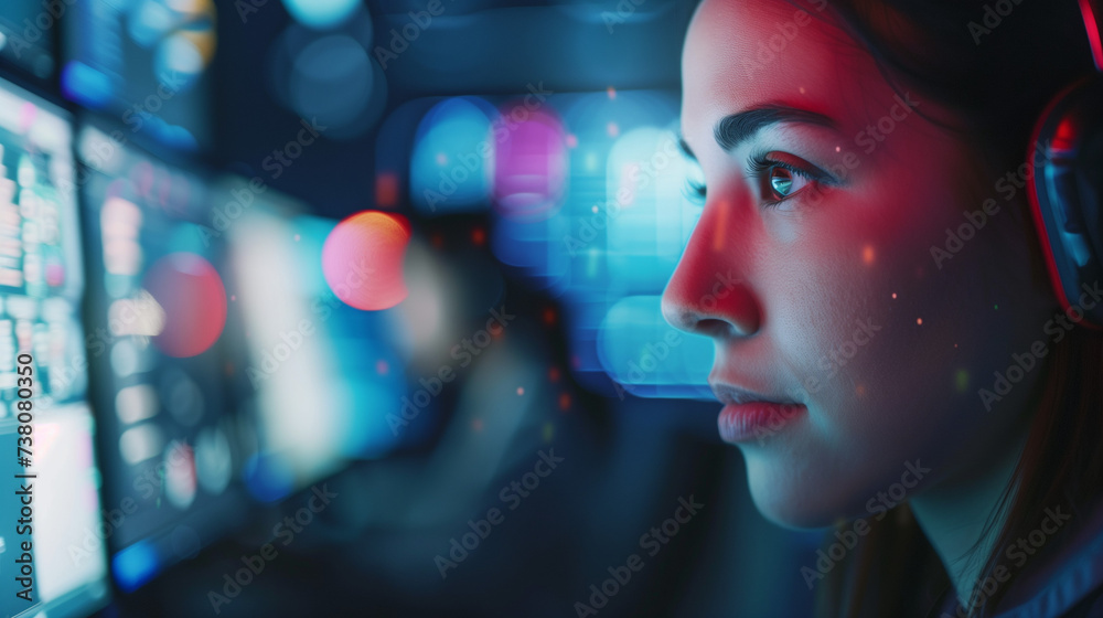 Female Cybersecurity Specialist Intently Monitoring Data, Protecting Network Integrity in High-Tech Control Room, Focus on Advanced Technology and Internet Security
Female Cybersecurity Specialist Intently Monitoring Data, Protecting Network Integrity in High-Tech Control Room, Focus on Advanced Technology and Internet Security