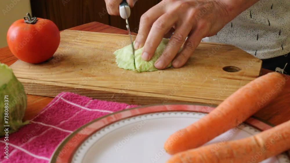 Comida típica vegana sudamericana Argentina, el hombre prepara un almuerzo vegetariano en la mesa de madera de casa, corta con el chuchillo repollo  tomate y zanahorias en un plato de cocina saludable