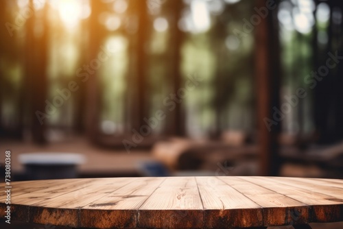 Wooden table on forest camp background © ORG